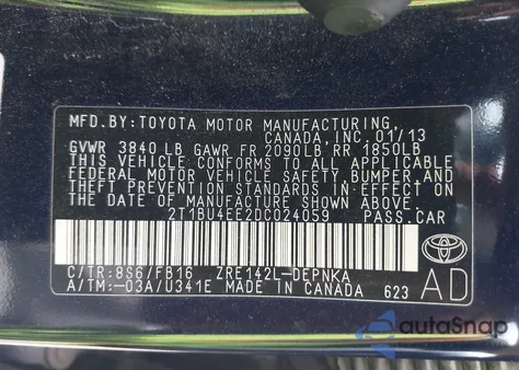 2013 Toyota Corolla Le из США, поврежденный, VIN 2T1BU4EE2DC024059